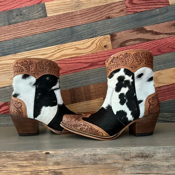 💯Hand Tooled Leather Genuine Cowhide Women Bootie Boot Boho Western Shoe ankle - Picture 7 of 16